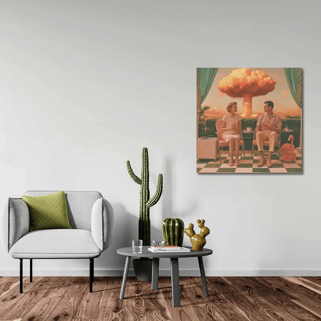 Retro Couple Sitting Nuclear Explosion Background – Wall Art
