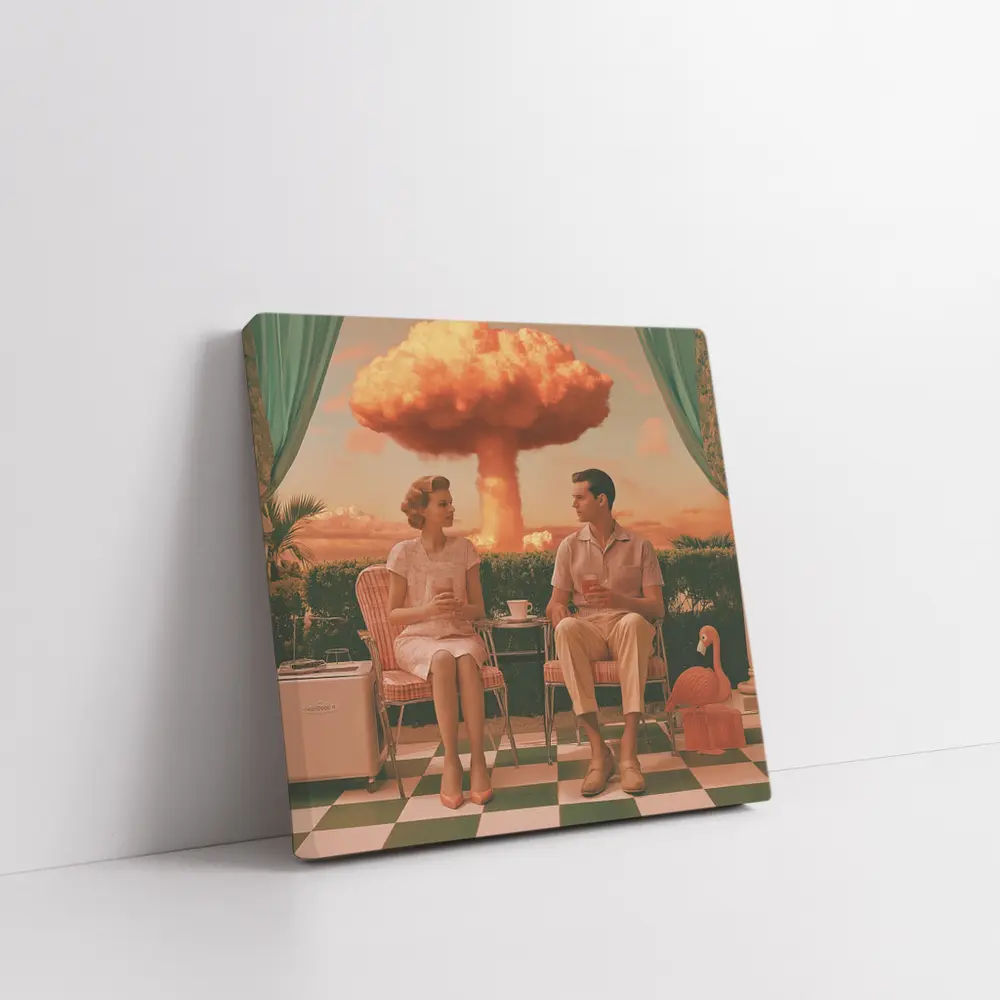 Retro Couple Sitting Nuclear Explosion Background – Wall Art