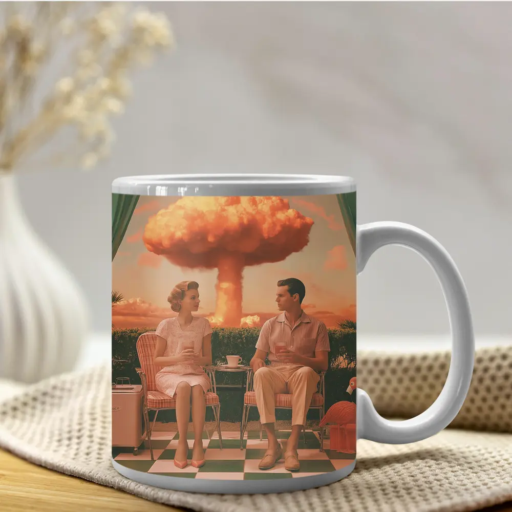 Retro Couple Sitting Nuclear Explosion Background – Mugs