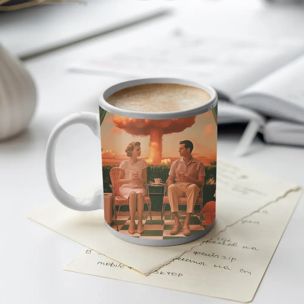 Retro Couple Sitting Nuclear Explosion Background – Mugs