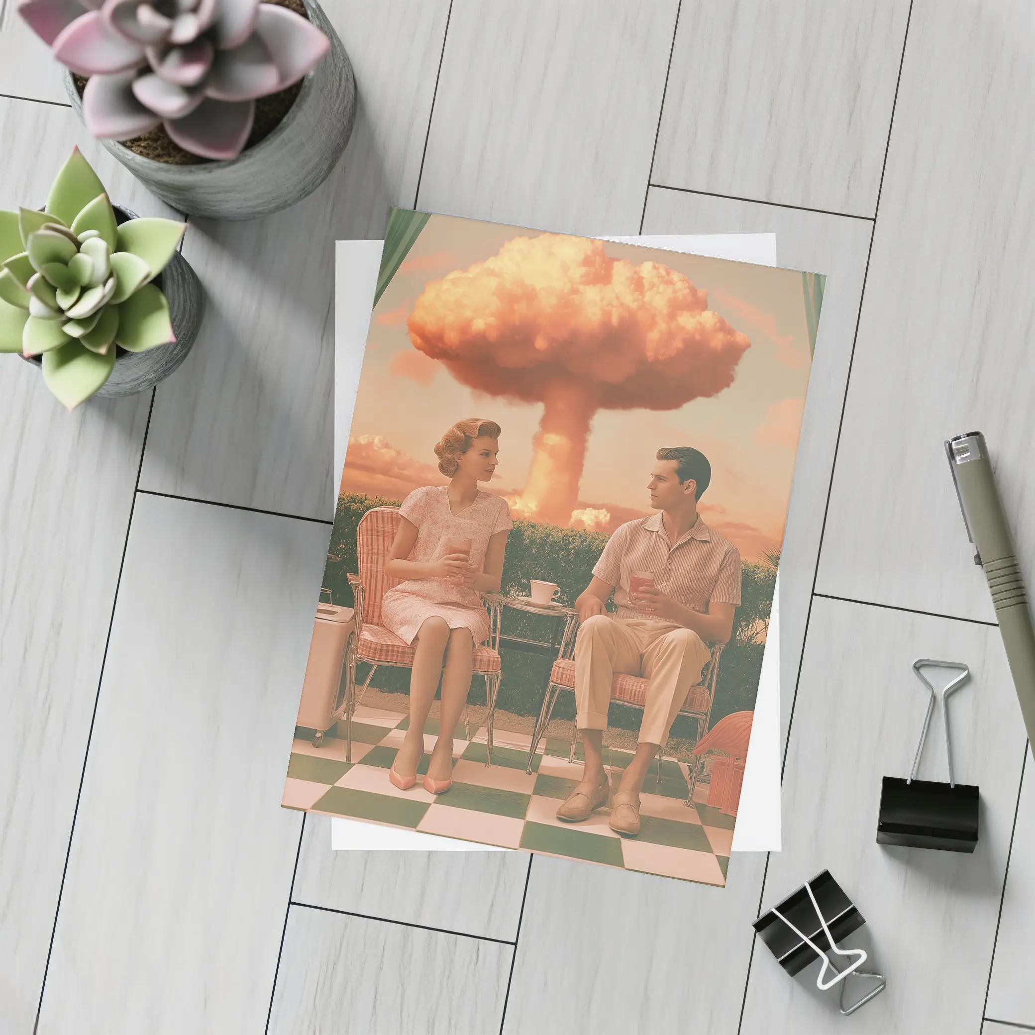Retro Couple Sitting Nuclear Explosion Background – Postcards