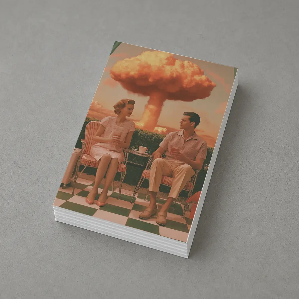 Retro Couple Sitting Nuclear Explosion Background – Postcards