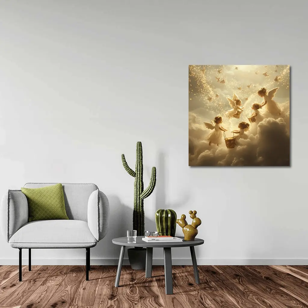Angel Children Flying Among Golden Clouds – Wall Art