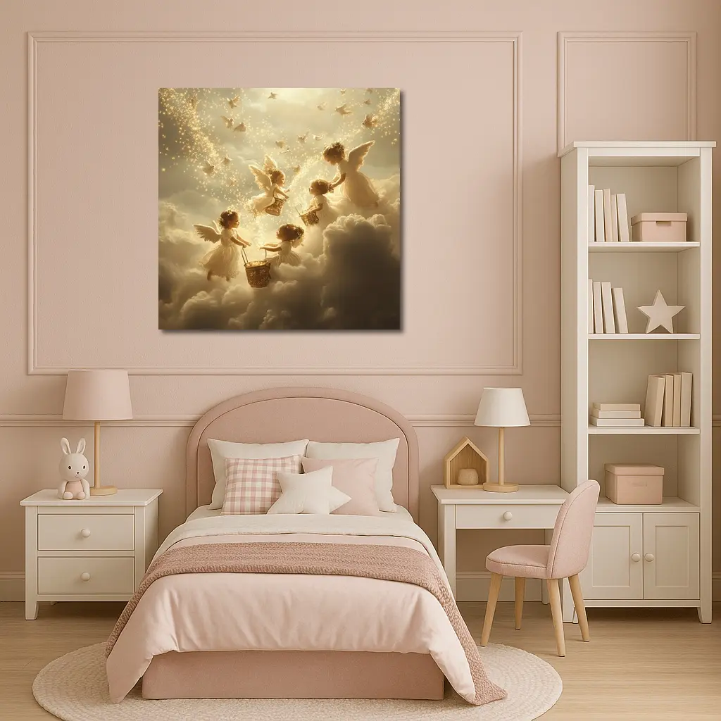 Angel Children Flying Among Golden Clouds – Wall Art