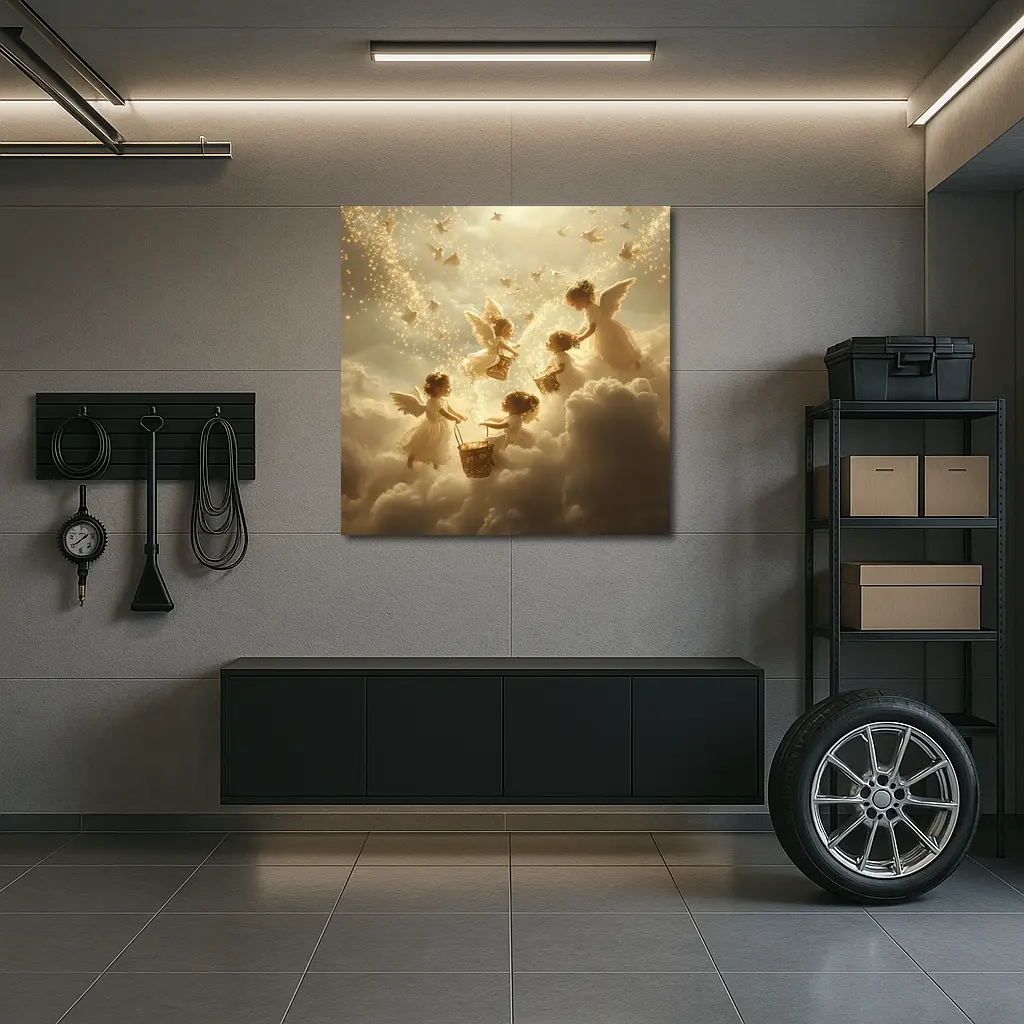 Angel Children Flying Among Golden Clouds – Wall Art
