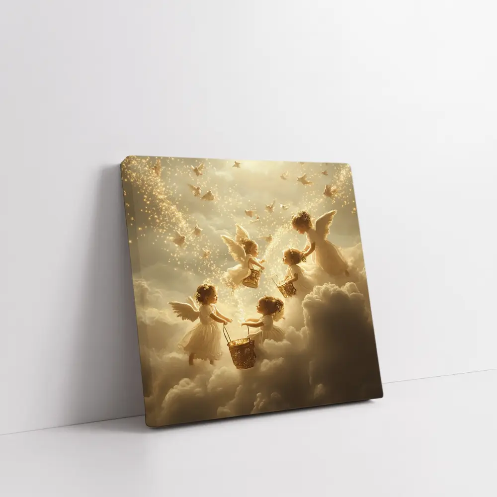 Angel Children Flying Among Golden Clouds – Wall Art
