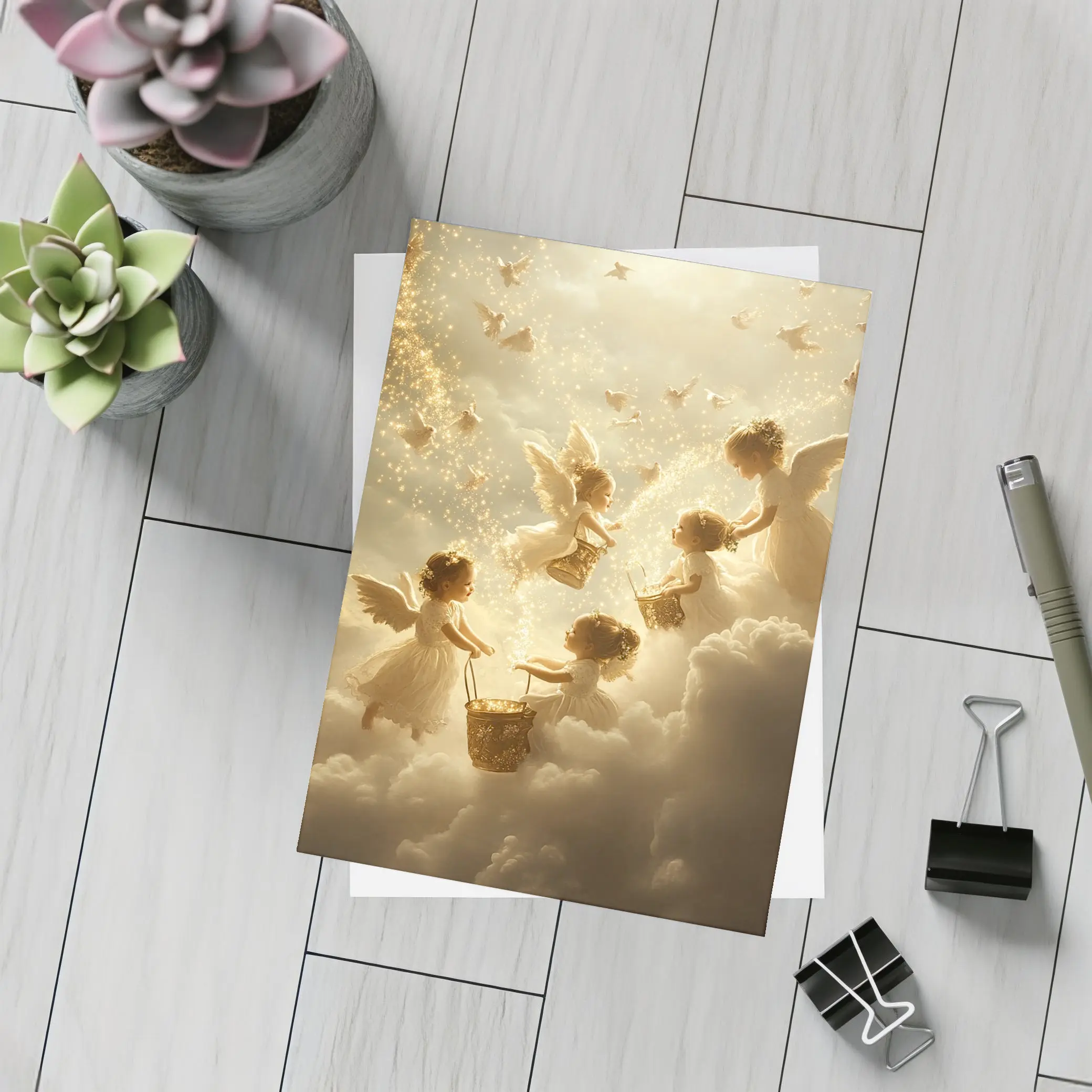 Angel Children Flying Among Golden Clouds – Postcards