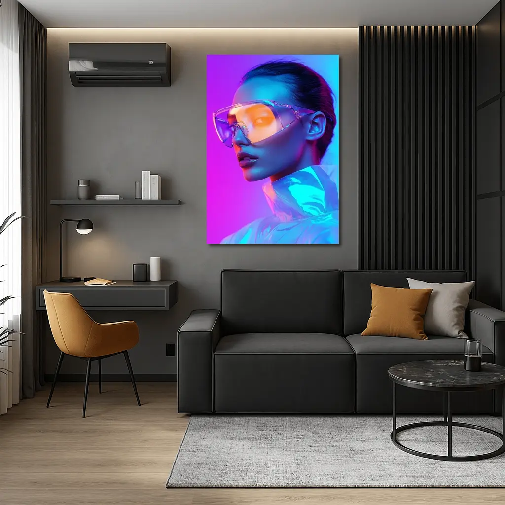Futuristic Woman Neon Pink Blue Background – Wall Art