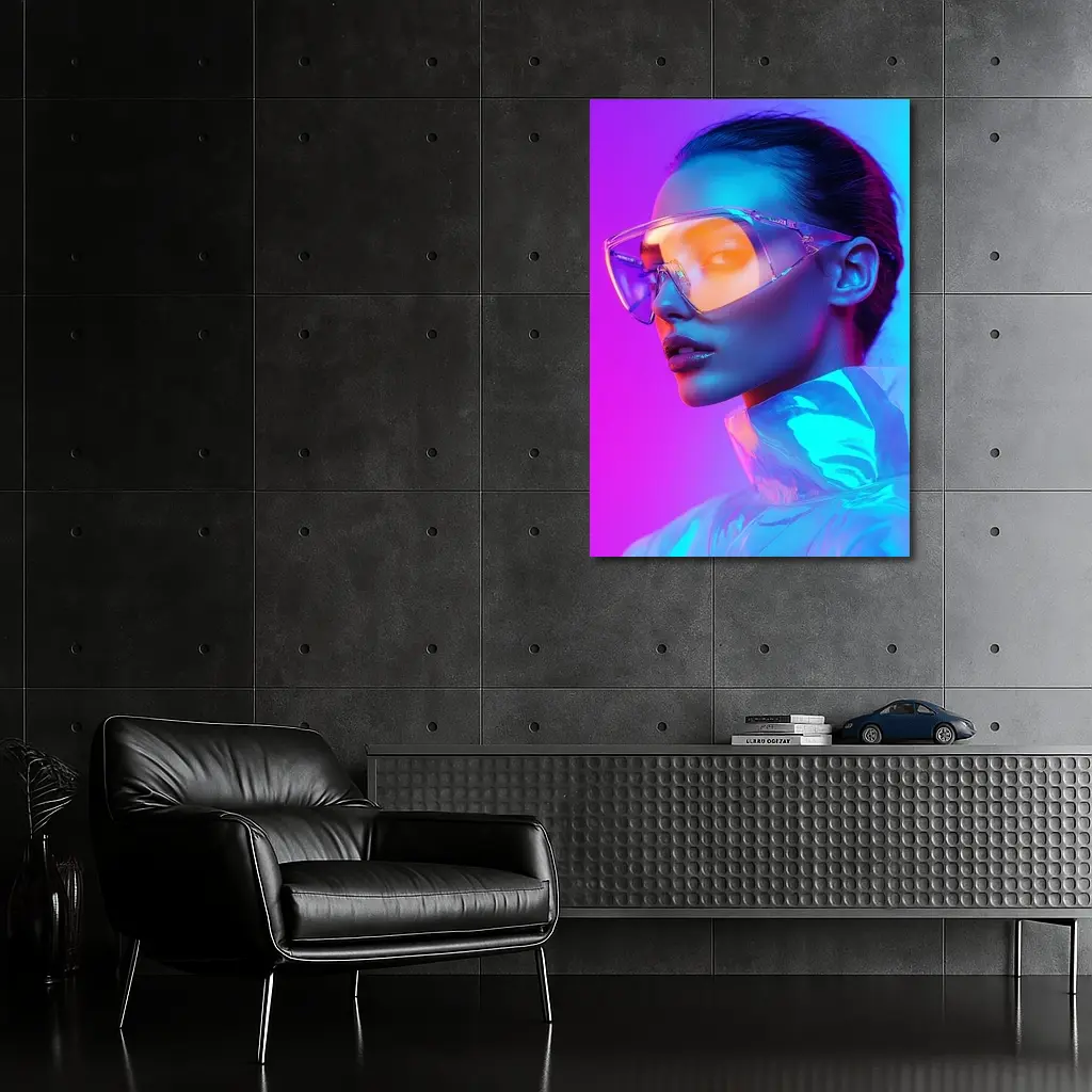 Futuristic Woman Neon Pink Blue Background – Wall Art