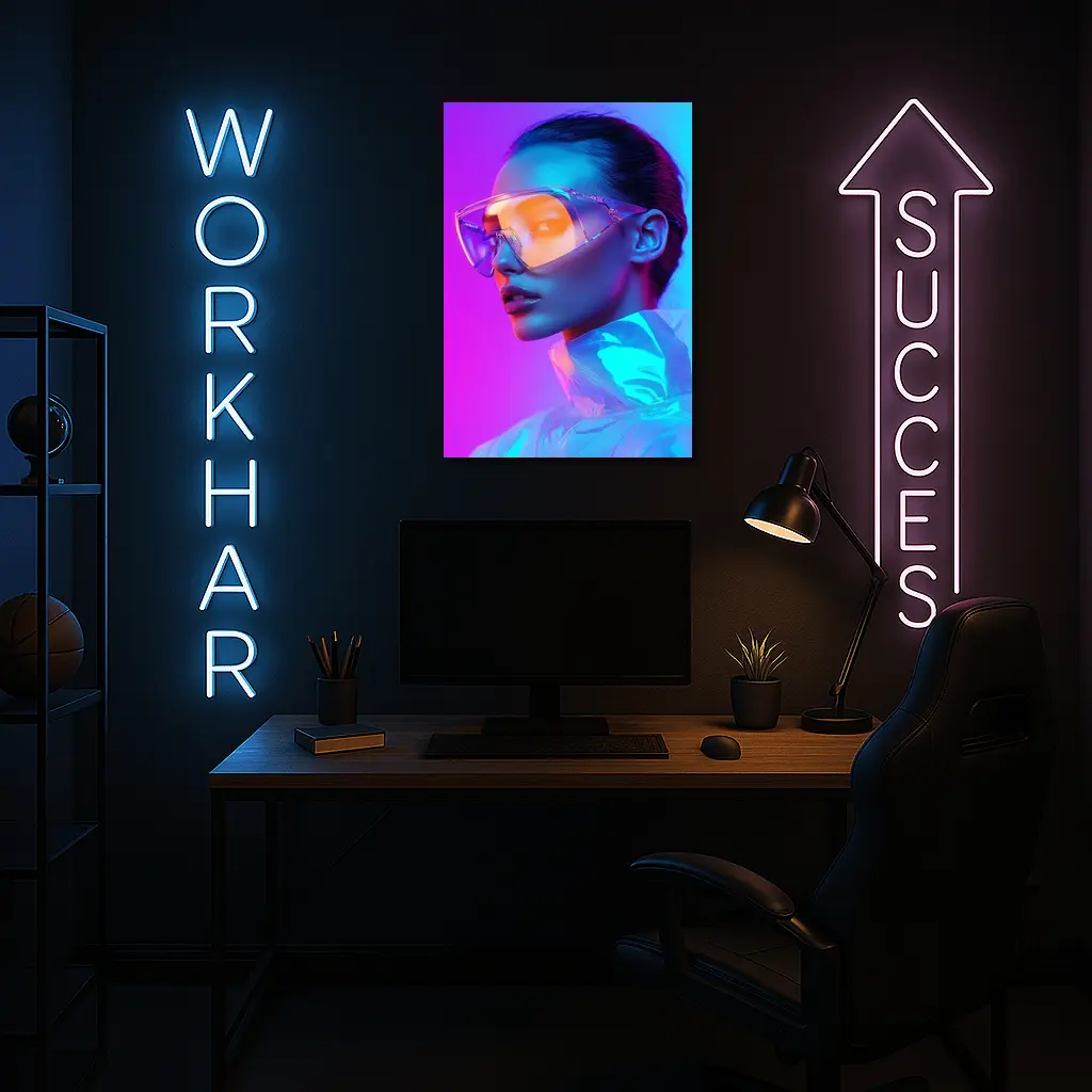 Futuristic Woman Neon Pink Blue Background – Wall Art