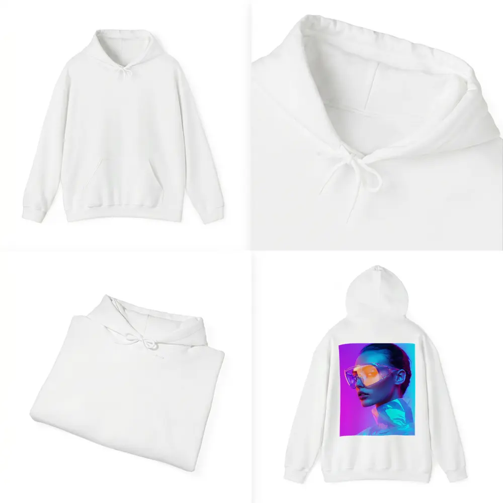 Futuristic Woman Neon Pink Blue Background – Hoodies