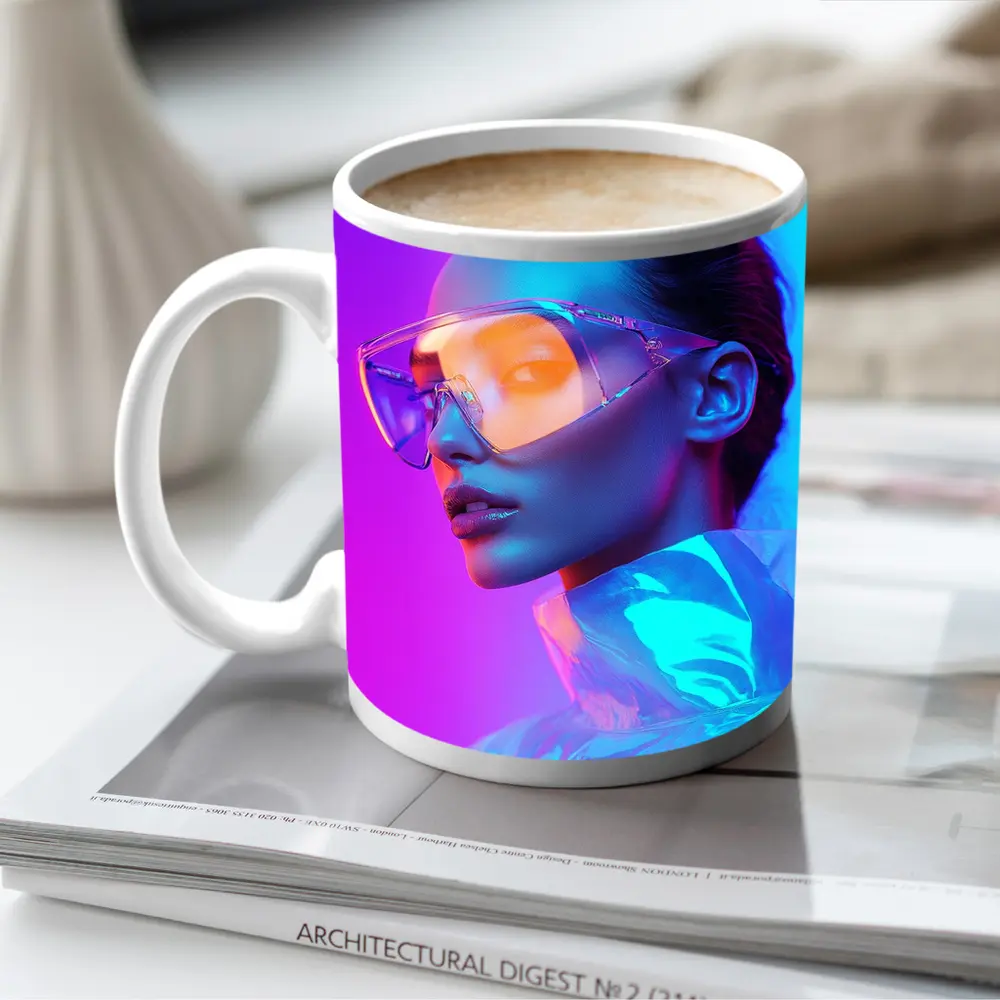 Futuristic Woman Neon Pink Blue Background – Mugs