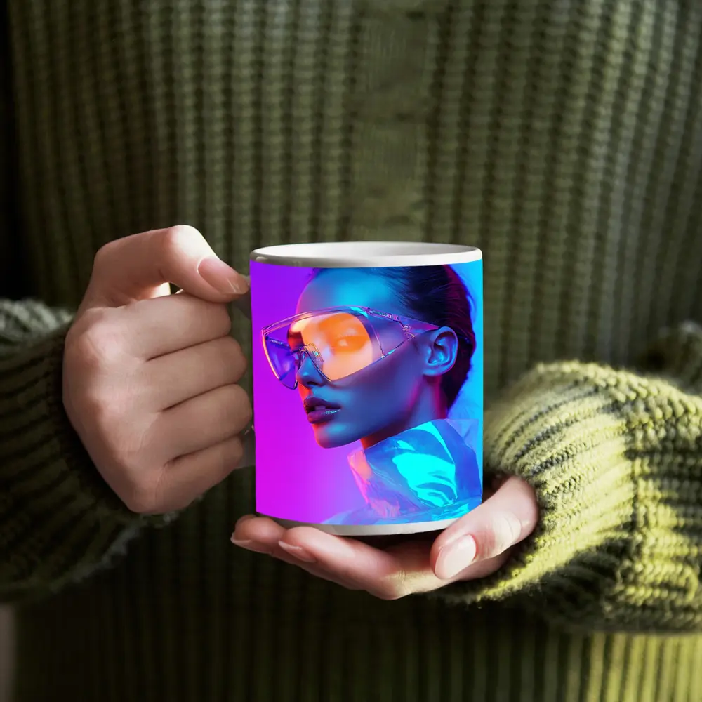 Futuristic Woman Neon Pink Blue Background – Mugs