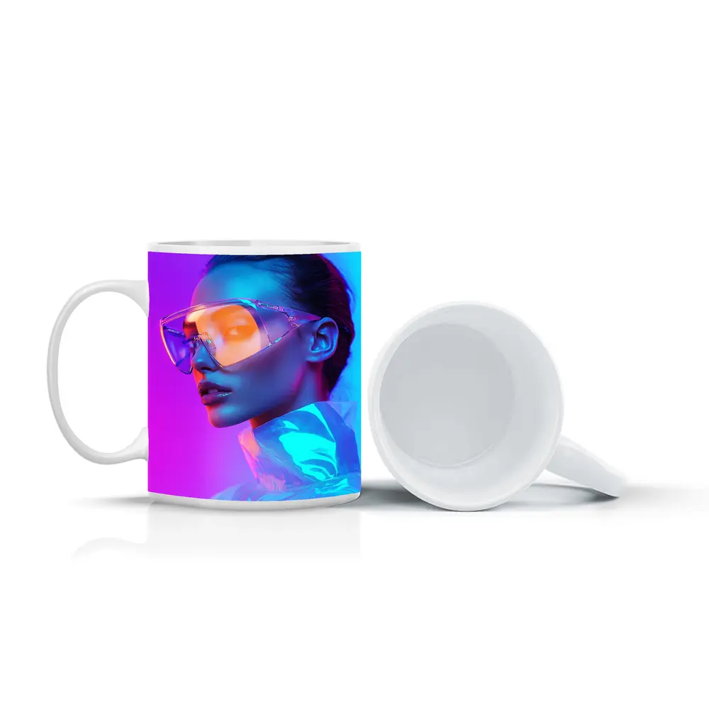 Futuristic Woman Neon Pink Blue Background – Mugs