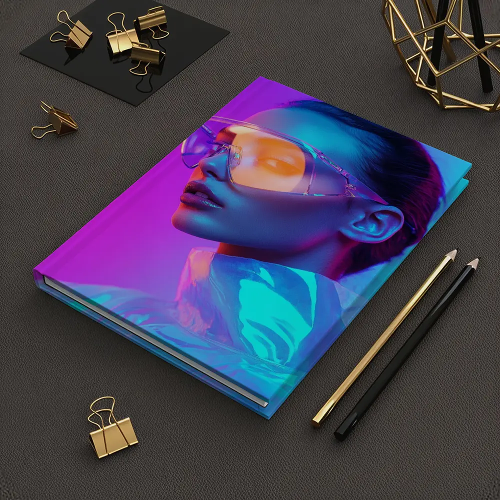Futuristic Woman Neon Pink Blue Background – Notebooks