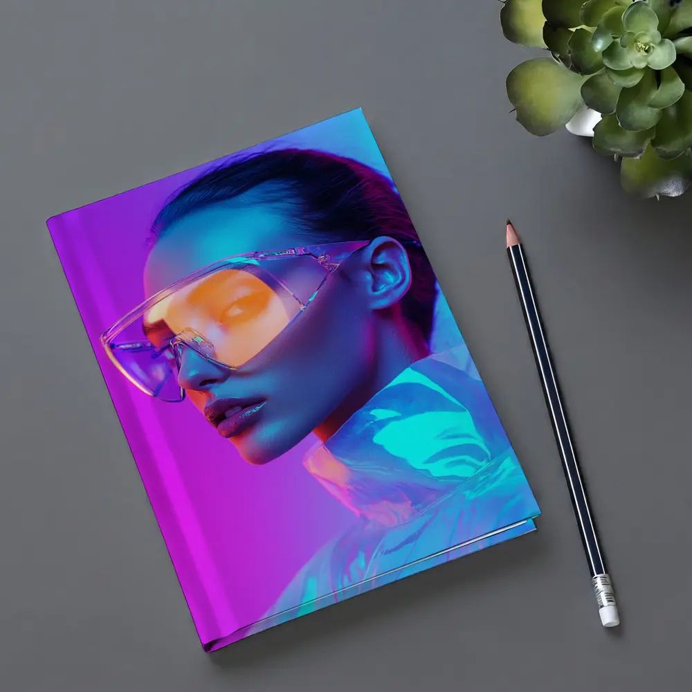 Futuristic Woman Neon Pink Blue Background – Notebooks