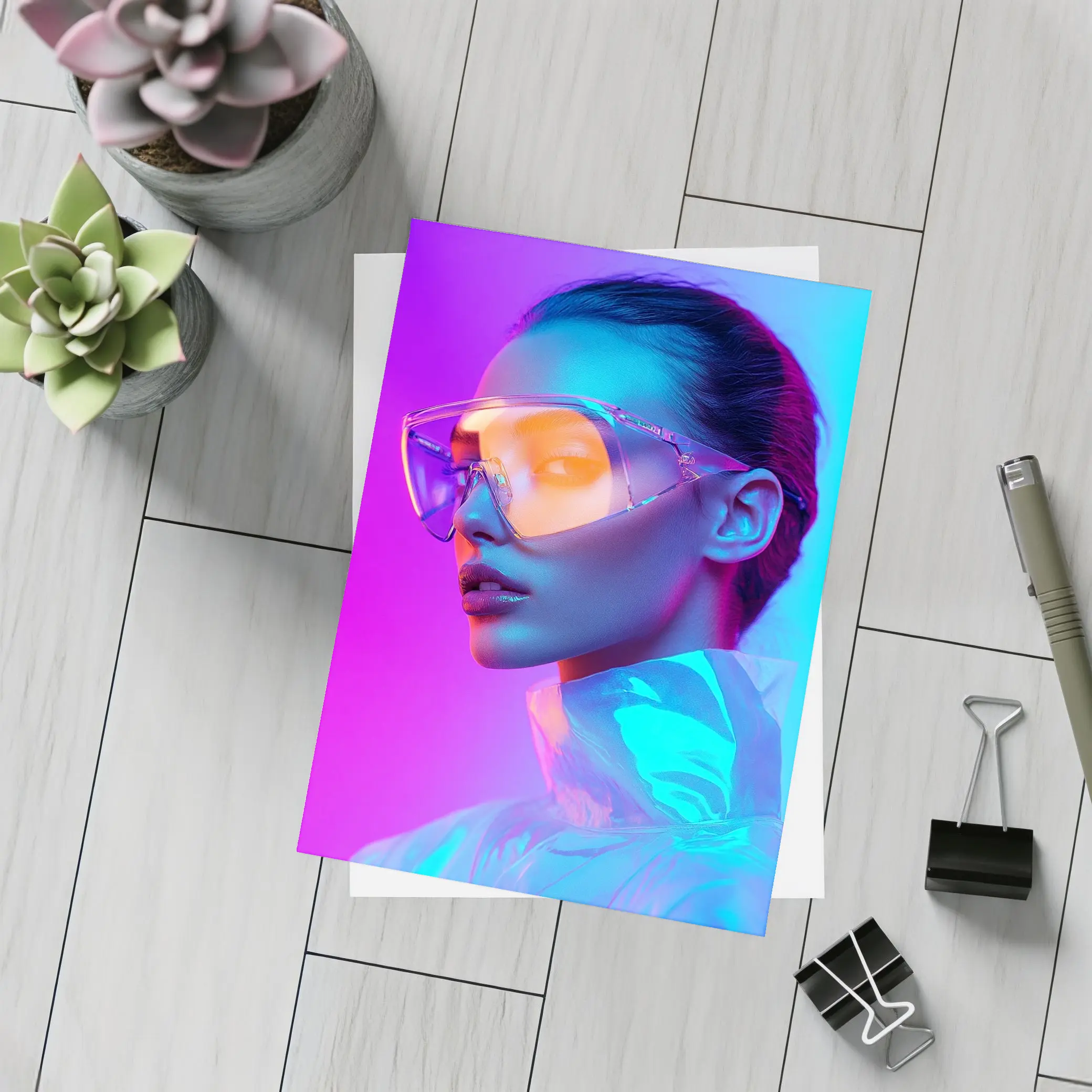 Futuristic Woman Neon Pink Blue Background – Postcards