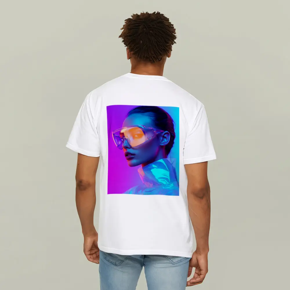 Futuristic Woman Neon Pink Blue Background – T-Shirts
