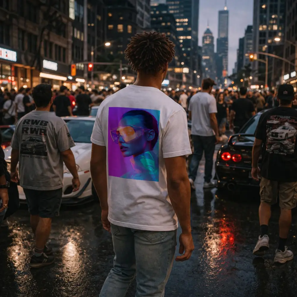 Futuristic Woman Neon Pink Blue Background – T-Shirts