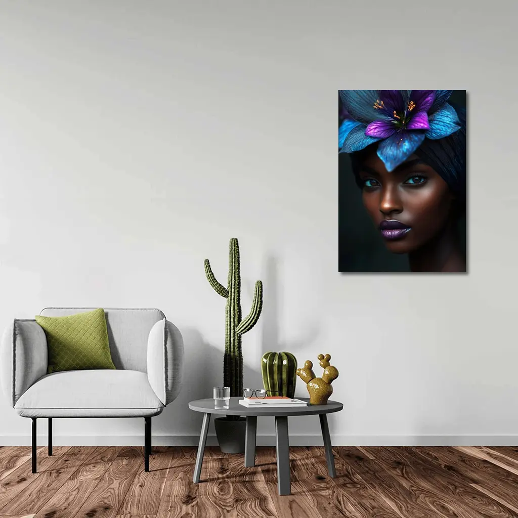 Black Woman Blue Purple Floral Headdress Portrait – Wall Art