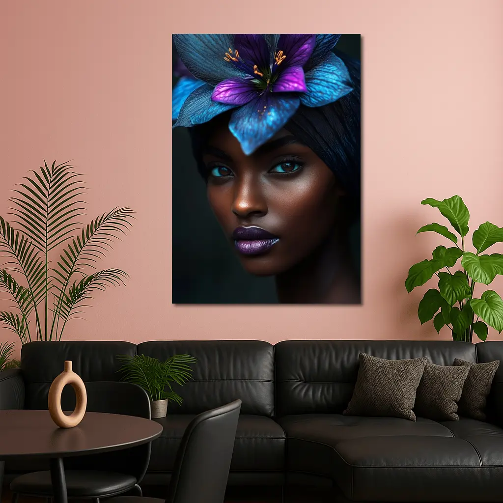 Black Woman Blue Purple Floral Headdress Portrait – Wall Art