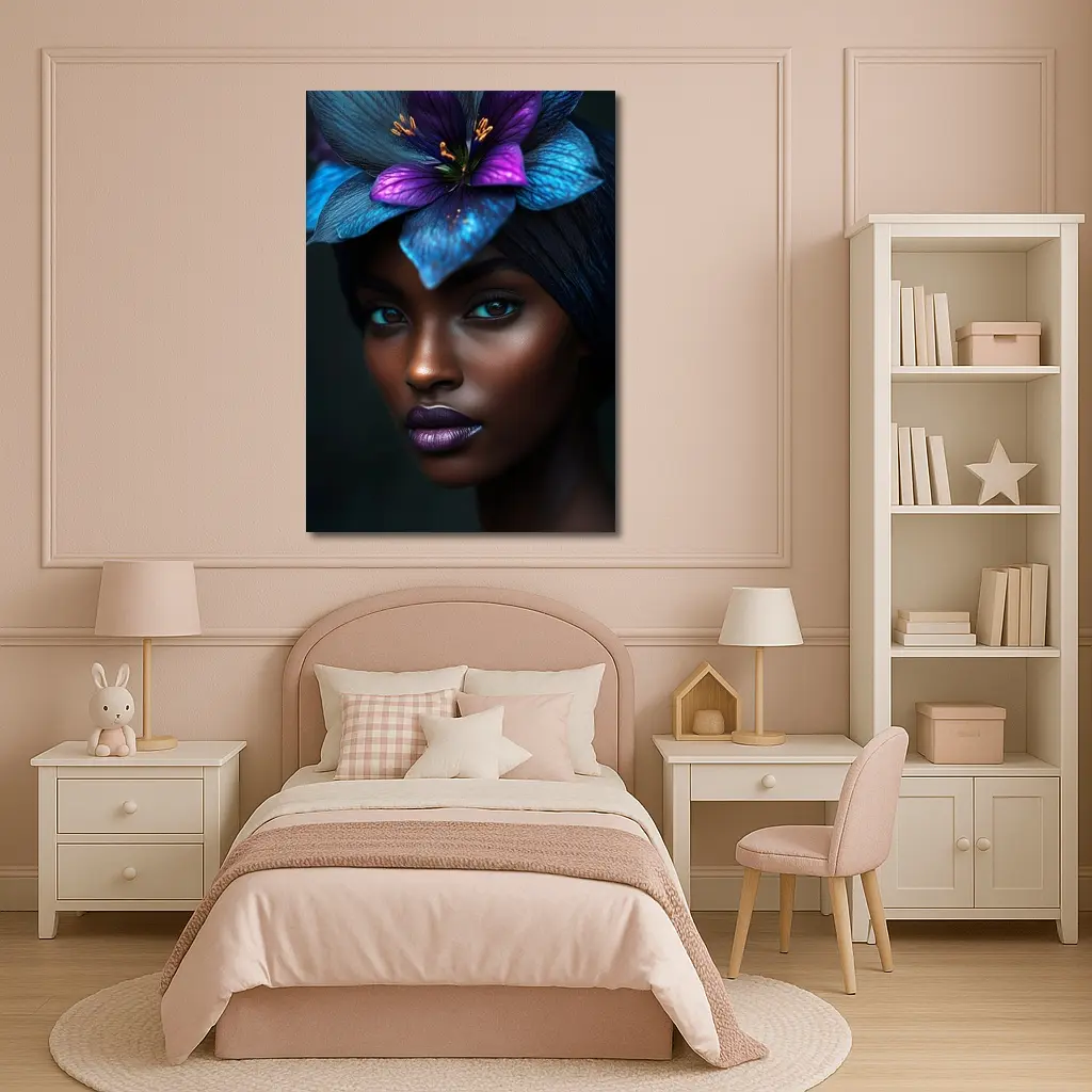 Black Woman Blue Purple Floral Headdress Portrait – Wall Art