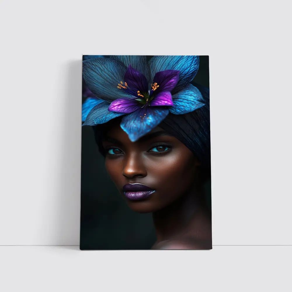 Black Woman Blue Purple Floral Headdress Portrait – Wall Art