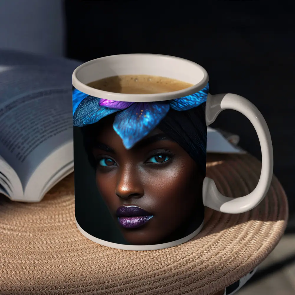 Black Woman Blue Purple Floral Headdress Portrait – Mugs