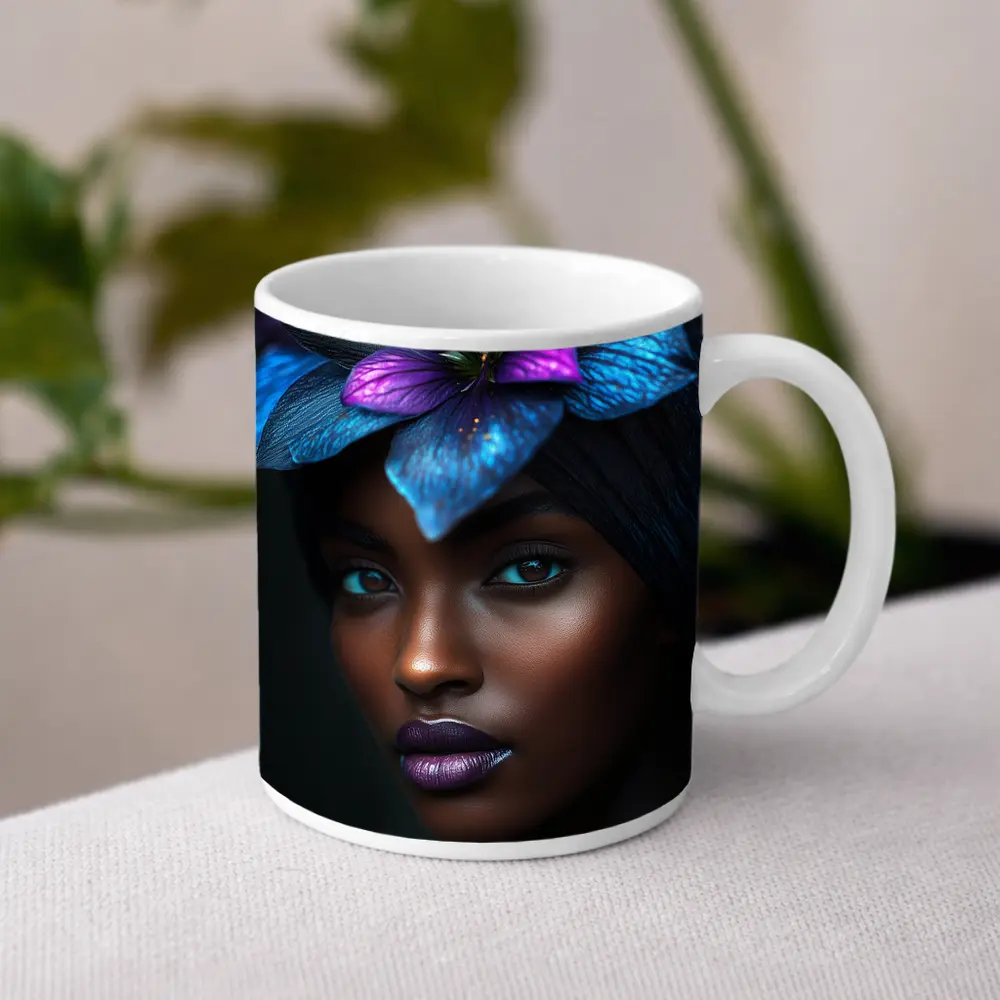 Black Woman Blue Purple Floral Headdress Portrait – Mugs