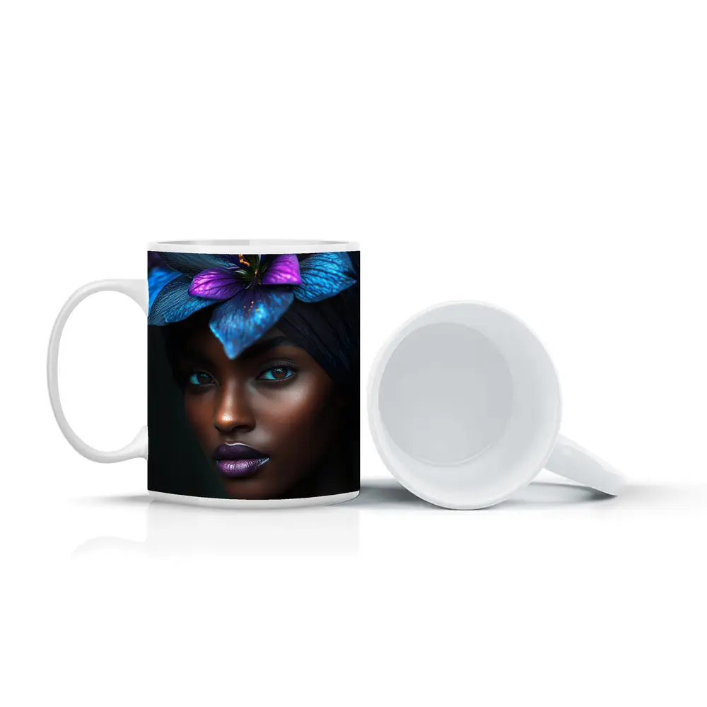 Black Woman Blue Purple Floral Headdress Portrait – Mugs