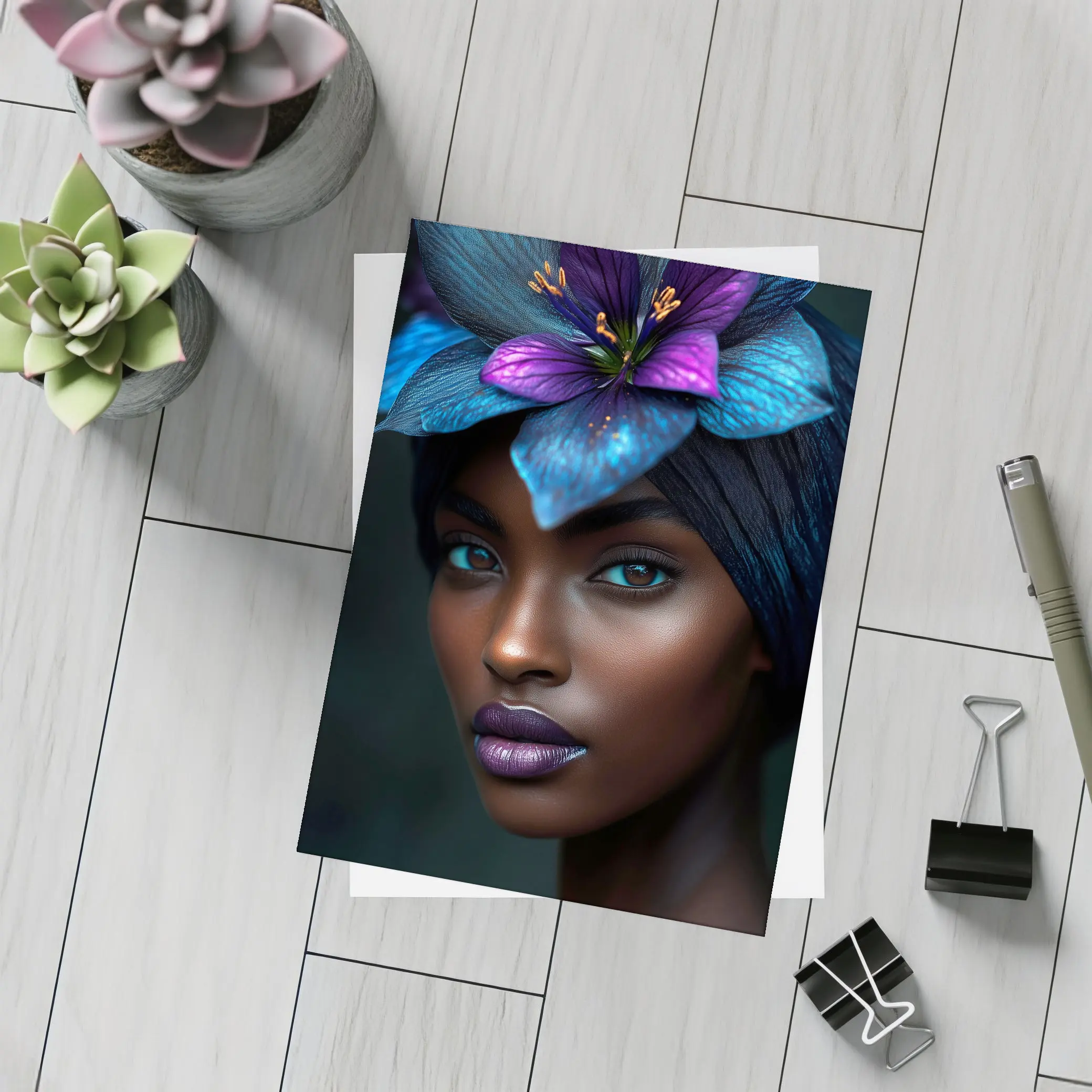 Black Woman Blue Purple Floral Headdress Portrait – Postcards
