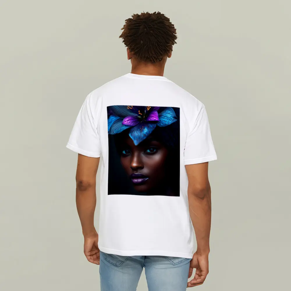 Black Woman Blue Purple Floral Headdress Portrait – T-Shirts