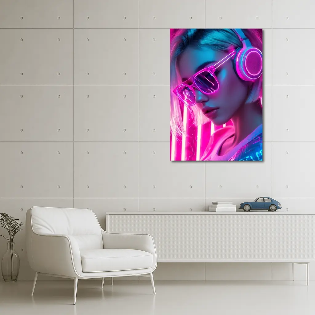Neon Girl With Headphones Pink Cyberpunk – Wall Art