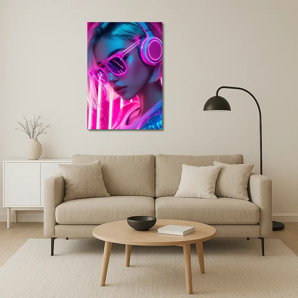 Neon Girl With Headphones Pink Cyberpunk – Wall Art