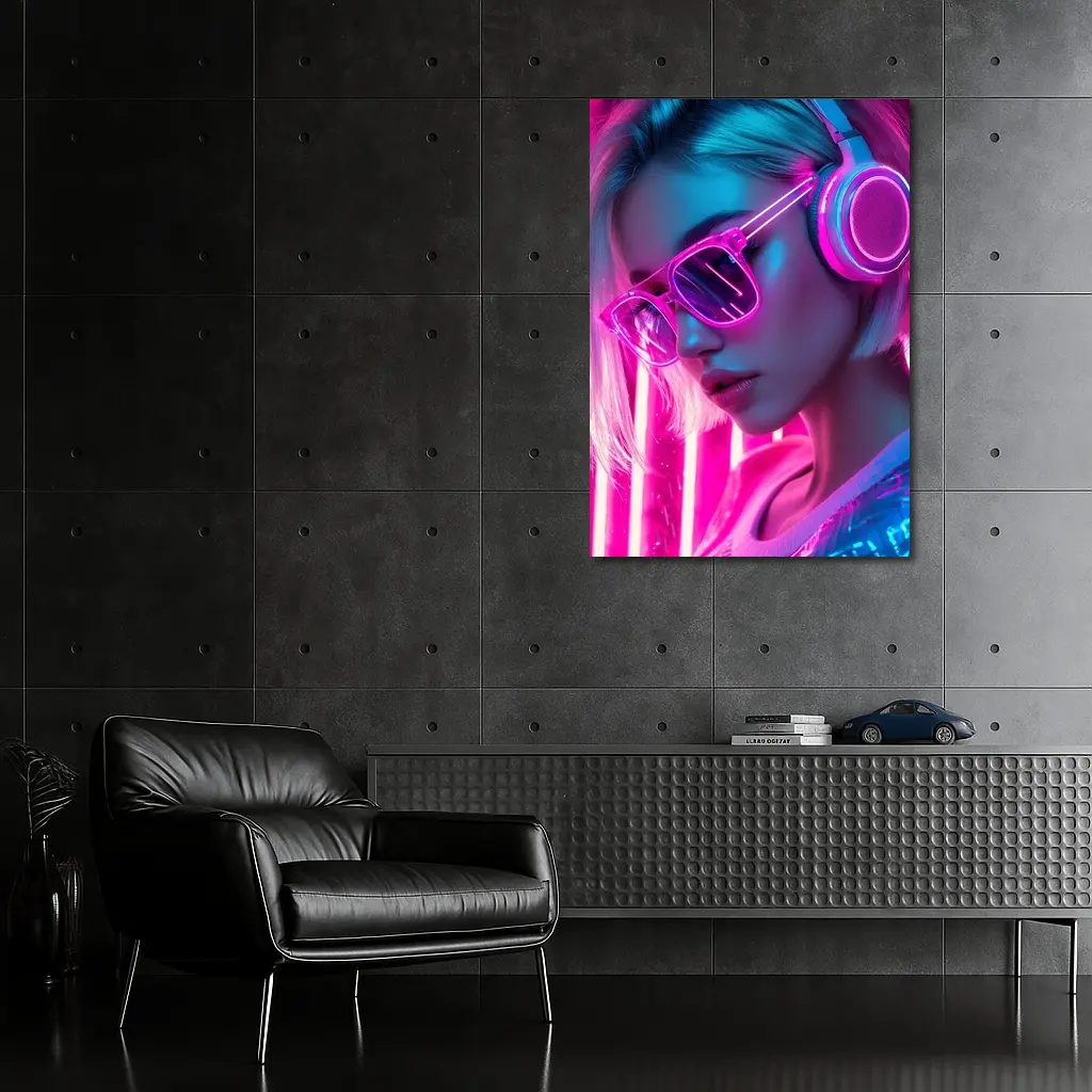 Neon Girl With Headphones Pink Cyberpunk – Wall Art