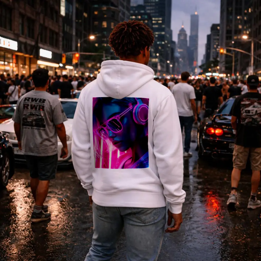 Neon Girl With Headphones Pink Cyberpunk – Hoodies