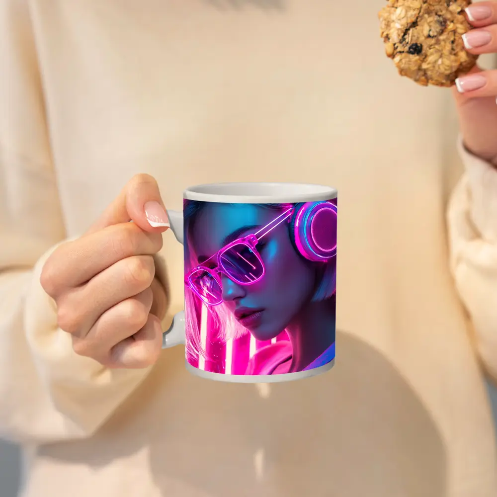 Neon Girl With Headphones Pink Cyberpunk – Mugs