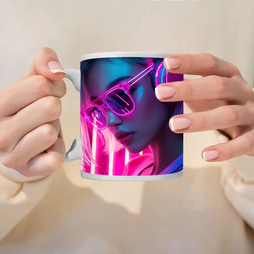 Neon Girl With Headphones Pink Cyberpunk – Mugs