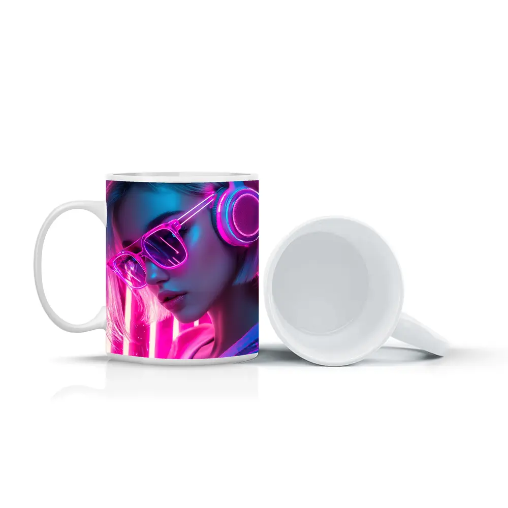 Neon Girl With Headphones Pink Cyberpunk – Mugs