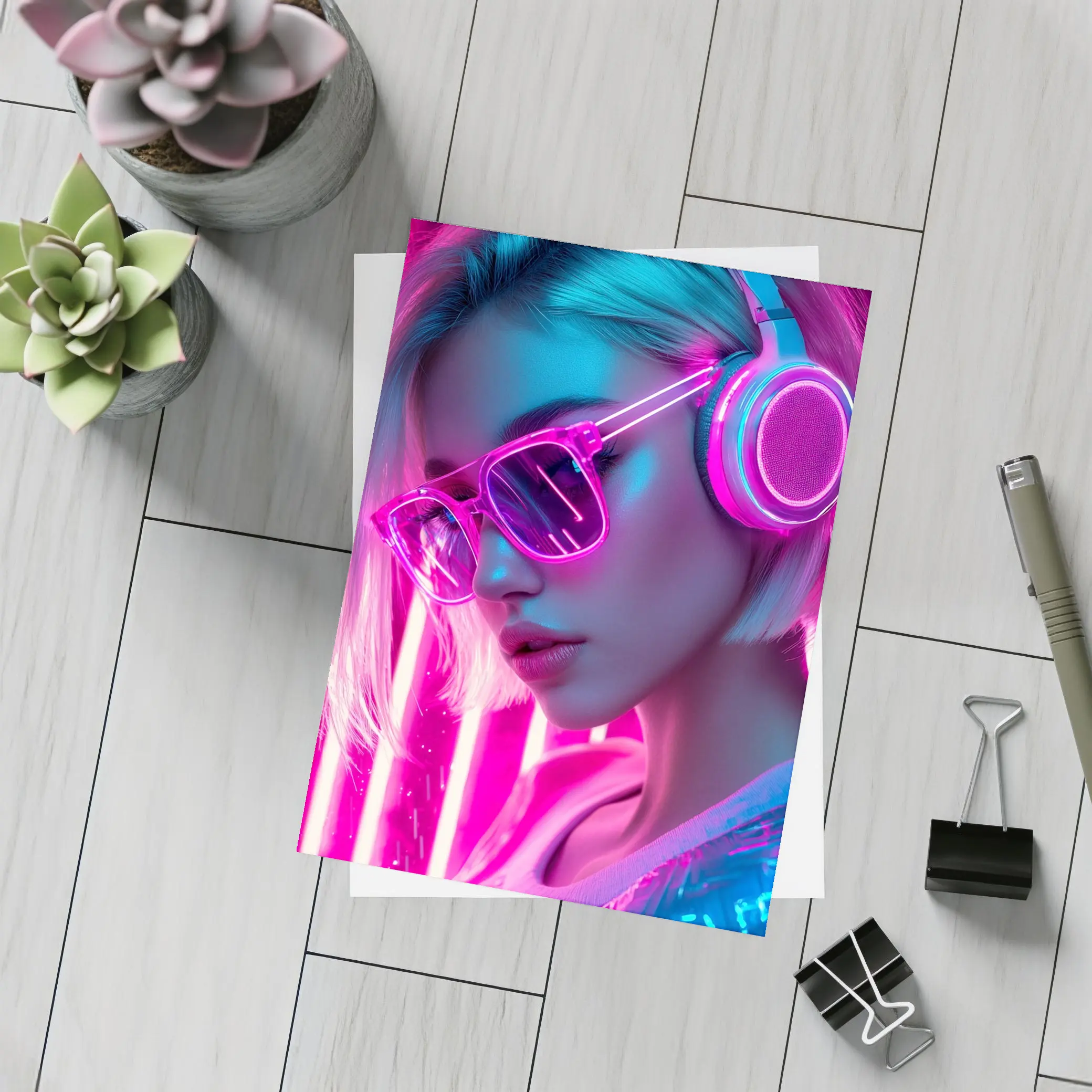 Neon Girl With Headphones Pink Cyberpunk – Postcards