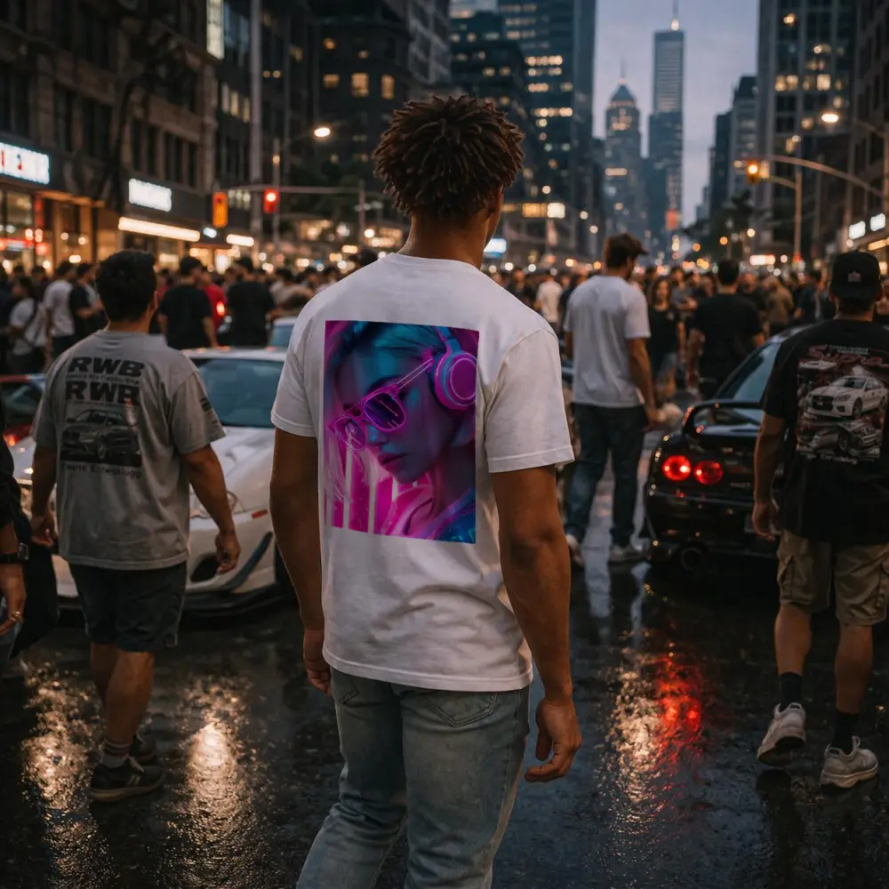 Neon Girl With Headphones Pink Cyberpunk – T-Shirts