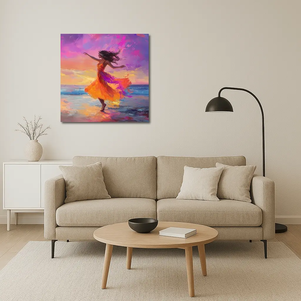 Dancing Woman Beach Sunset Oil Painting – Wall Art