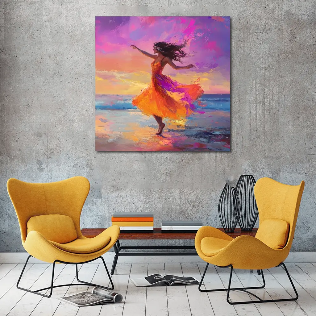 Dancing Woman Beach Sunset Oil Painting – Wall Art