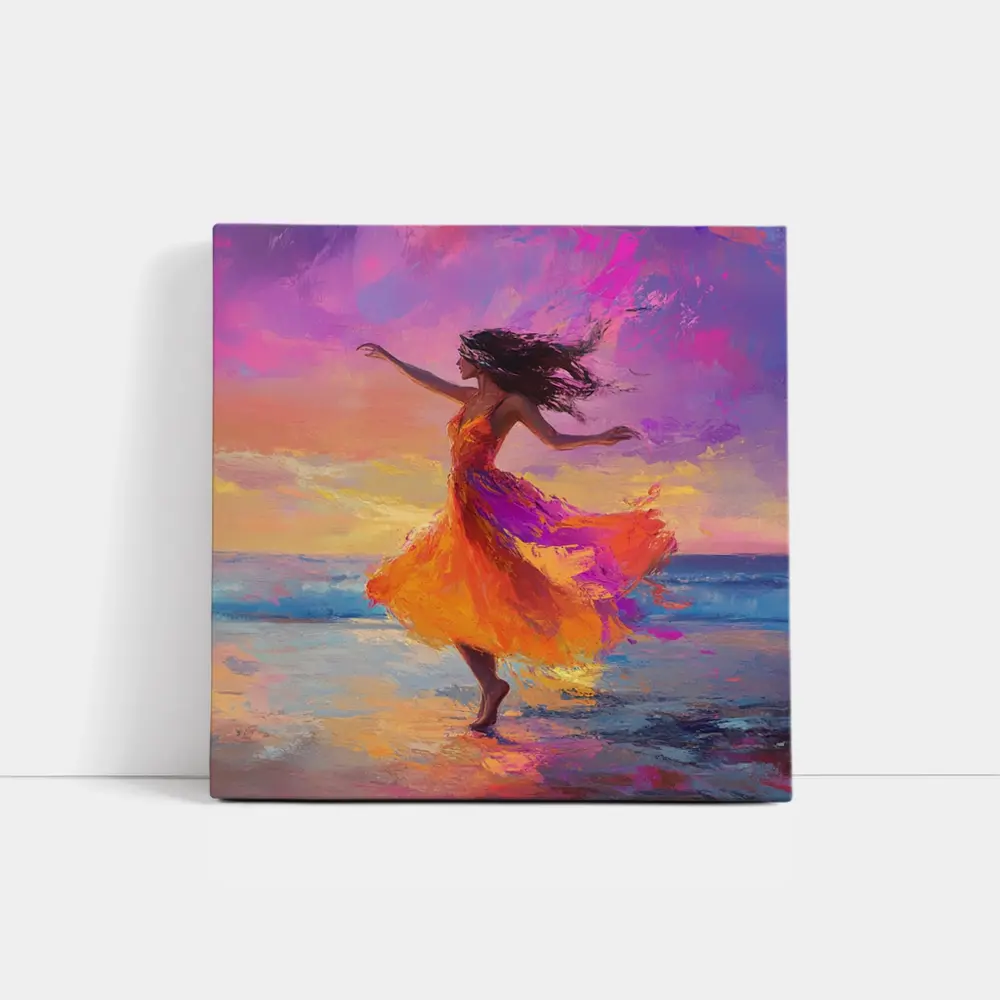 Dancing Woman Beach Sunset Oil Painting – Wall Art