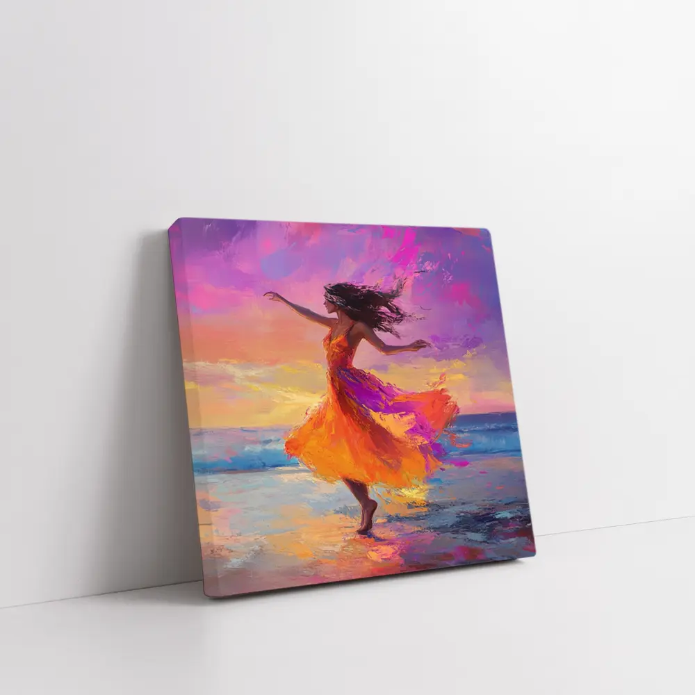 Dancing Woman Beach Sunset Oil Painting – Wall Art