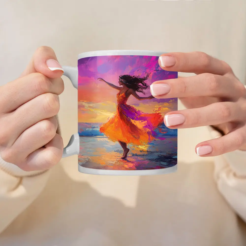 Dancing Woman Beach Sunset Oil Painting – Mugs
