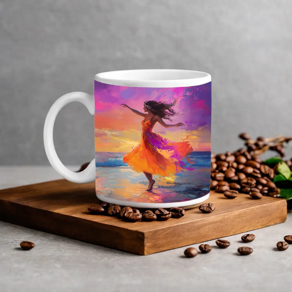 Dancing Woman Beach Sunset Oil Painting – Mugs