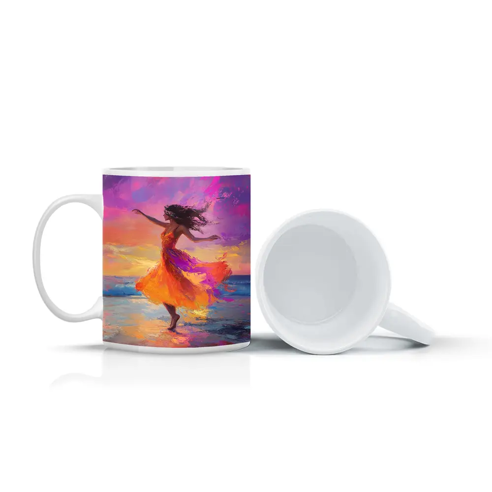 Dancing Woman Beach Sunset Oil Painting – Mugs
