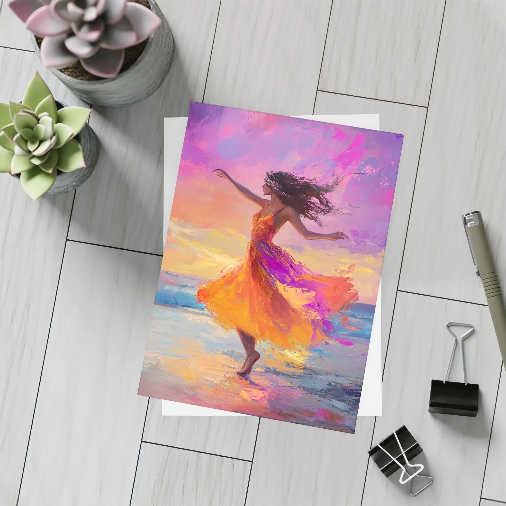 Dancing Woman Beach Sunset Oil Painting – Postcards