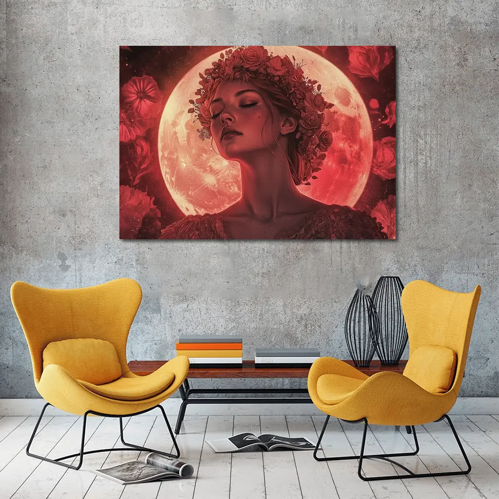 Woman Floral Crown Red Moon Roses – Wall Art